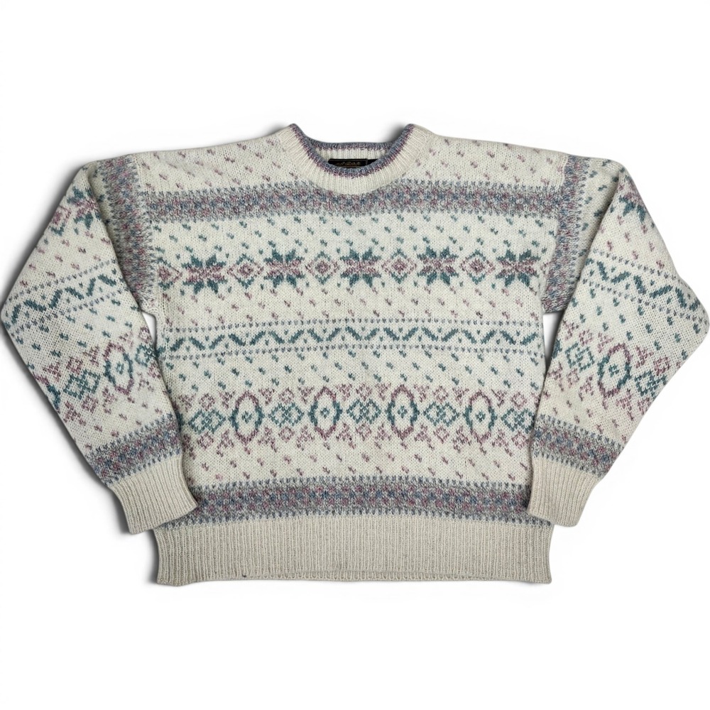 Vintage 90s Wool Fair Isle Pastel Sweater Eddie Bauer Nordic Apres Ski USA Large